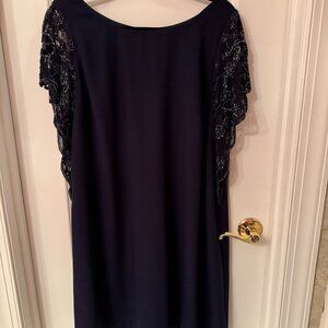 Aidan Mattox Navy Blue Cocktail Dress with Beaded Sleeves